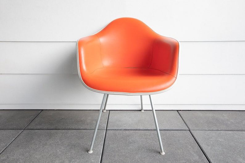 SOLD Vintage Eames Orange Red DAH Vinyl Padded Cream White Fiberglass Herman Miller Armchair image 1