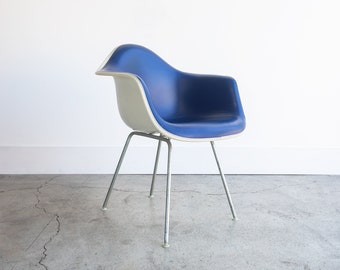 SOLD | 70s Vintage Eames for Herman Miller Fiberglass Naugahyde Shell Arm Chair | Padded | H-base | DAH chair | Dark Blue