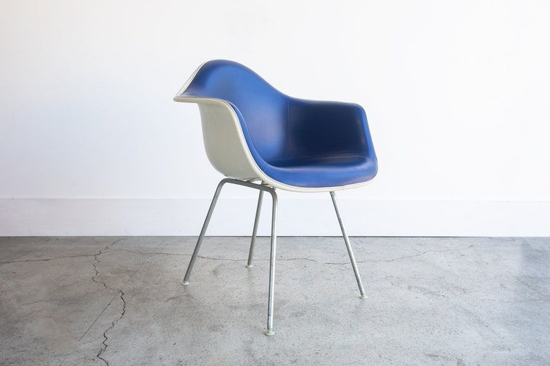 SOLD 70s Vintage Eames for Herman Miller Fiberglass Naugahyde Shell Arm Chair Padded H-base DAH chair Dark Blue image 1