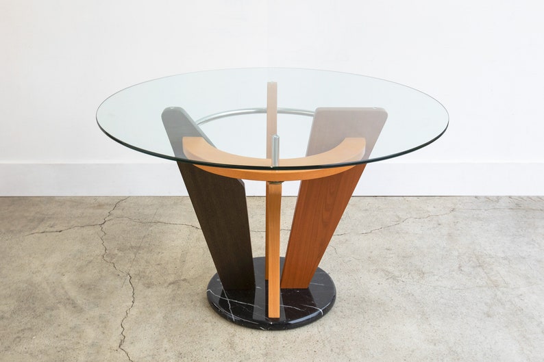 1980s Vintage Memphis Peter Shire Style Glass Top Dinning Table With Black Marble Base image 2