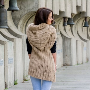 The Merinda Hooded Vest Easy Beginner PDF Pattern Oversized Womens Chunky Crochet Waistcoat with a Hood DIY