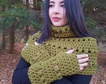 The Alette Cowl Easy Crochet Pattern PDF Neckwarmer Design with Fingerless Gloves Tutorial DIY