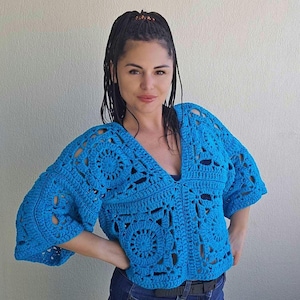 May include: A blue crocheted top with a square pattern and a V-neck. The top has short sleeves and is cropped.
