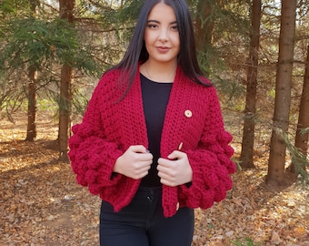 The Bea Bobble Cardigan Crochet Pattern PDF Chunky Bobble Sleeves Sweater  Design DIY