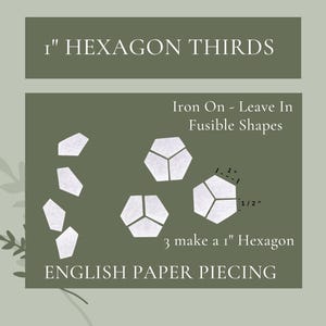 May include: A set of six white fusible shapes for paper piecing. The shapes are hexagons, each measuring 1/2 inch across. Three of these shapes can be used to create a 1 inch hexagon. The text "1" HEXAGON THIRDS" and "Iron On - Leave In Fusible Shapes" is visible in the image.