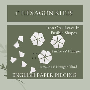 May include: An image showing white paper hexagon shapes for English paper piecing. The text reads "1" HEXAGON KITES" and "ENGLISH PAPER PIECING". The image also shows the measurements of the shapes, with text that reads "Iron On - Leave In Fusible Shapes".