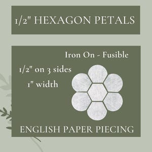 May include: A set of white iron-on fusible hexagon petals for English paper piecing. The text reads 1/2" HEXAGON PETALS, Iron On - Fusible, 1/2" on 3 sides, 1" width, and ENGLISH PAPER PIECING. The design features a central hexagon surrounded by six petals.