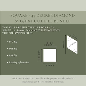Könnte beinhalten: Ein grüner Hintergrund mit weißem Text, der "SQUARE - 45 DEGREE DIAMOND SVG/DXF CUT FILE BUNDLE" lautet. Der Text "YOU WILL RECEIVE ZIP FILES FOR EACH SHAPE (i.e. Square, Diamond) THAT INCLUDES THE FOLLOWING FILES:" befindet sich ebenfalls auf dem grünen Hintergrund. Eine Liste der Dateien ist enthalten: SVG-Datei, DXF-Datei, PDF-Datei und Größeninformationen. Zwei Diagramme sind enthalten, eines von einem Quadrat und eines von einem Diamanten. Der Text "PERSONAL USE ONLY: These files are for personal use only; under NO circumstances can the files be sold or distributed." befindet sich am unteren Rand des Bildes.
