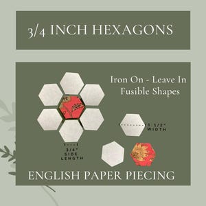 May include: A set of 3/4 inch hexagon-shaped fusible fabric shapes for English paper piecing. The shapes are white and are arranged in a flower pattern. The text "Iron On - Leave In Fusible Shapes" is written in black text on a green background. The text "1 1/2" WIDTH" is written in black text on a white background. The text "1---1 3/4" SIDE LENGTH" is written in black text on a white background. The text "ENGLISH PAPER PIECING" is written in black text on a green background.