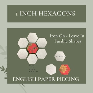May include: A set of 1 inch hexagon-shaped fusible fabric shapes for English paper piecing. The shapes are white and come in a pack of 7. The text on the image reads "1 inch hexagons", "Iron On - Leave In Fusible Shapes", "2" wide", "1" side length", and "English Paper Piecing".