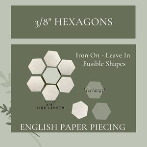 May include: A set of 3/8 inch hexagon-shaped fusible fabric shapes. The shapes are white and are arranged in a flower pattern. The text "Iron On - Leave In Fusible Shapes" is written above the shapes. The text "3/8" side length" is written below the shapes. The text "3/4 wide" is written to the right of the shapes. The text "ENGLISH PAPER PIECING" is written below the shapes.