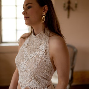 C H L O É  weddingdress, Brautkleid, Brauttop, Spitze, Rückenausschnitt, Neckholder, Holderneck, Top, ivory, rückenfrei, elastisch, Chiffon
