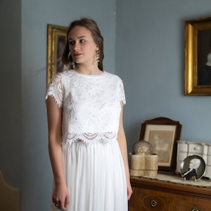 T I N A Crop Top , Brauttop, Boho, Top aus Spitze, ivory, Spitzentop, Bohokleid, Brautkleid, Tüllrock,