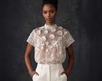 E L O W E N top encaje 3D,top encaje floral,top encaje marfil,top elegante encaje,top novia encaje,top boho encaje,top lujo encaje,top