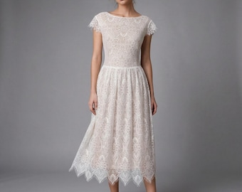 S O P H I A bridal gown, wedding dress, registry office dress, vintage dress, lace dress, boho, knee length dress, ivory,bridal, wedding