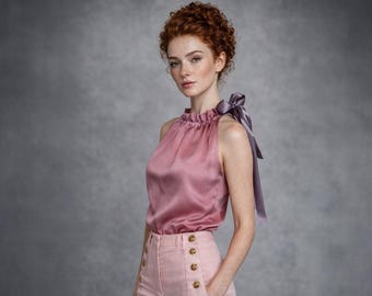 L I L I A N E Top, silk top elegant, off shoulder top, satin bow top, elegant silk top, pink silk top, ivory chic top, black silk top,