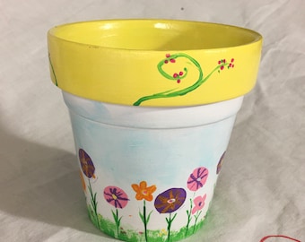 Hand painted clay pot, terra cotta, whimsical, succulent planter, flower pot, hand painted planter 4” tall