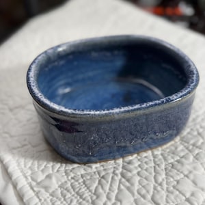 Pottery Bowl Stoneware Blue Glazed Oval Dish / Handmade Pottery / 6.25 x 5.25 x 2.5 inches
