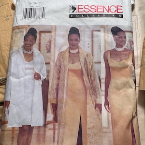 May include: A Butterick Essence Collection sewing pattern packet, size 8-10-12. The packet features three women modeling elegant dresses and coats. The packet has the number 5881 and includes bust, waist, and hip measurements.