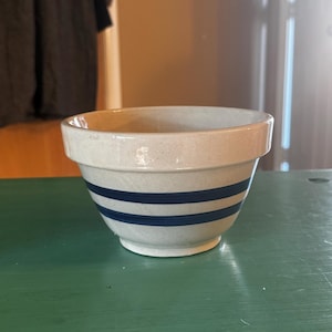 May include: A small white ceramic bowl with two blue stripes around the middle. The bowl is glazed and has a speckled finish.