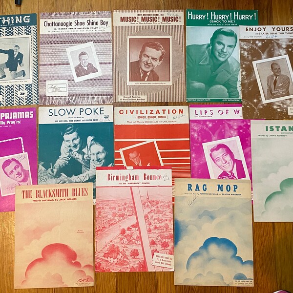 1950s Lot of 13 Vintage Sheet Music for piano or repurposing / paper craft / junk journaling / home decor / mixed media / decoupage