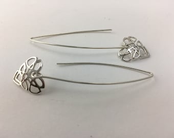 Handmade Sterling Silver Heart shape long drop earrings with a Full Celtic knot design.