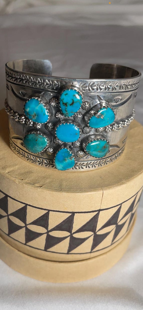 Heavy Vintage NAVAJO Sterling Silver Cuff Signed TAHE… - Gem