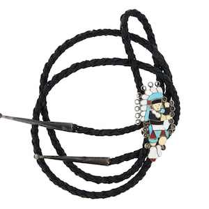 Vintage Zuni Turquoise Coral shell & Mother of Pearl Inlay Dancer Bolo Tie