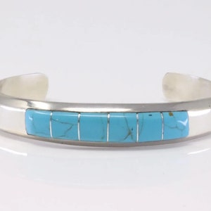 Native America Zuni Handmade Sterling Silver Turquoise Inlay Bracelet By M