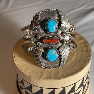 large vintage turquoise and coral Navajo cuff bracelet
