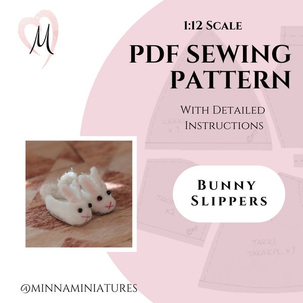 PDF Sewing Pattern for 1:12 Scale Dollhouse Doll - Bunny Slippers for the child