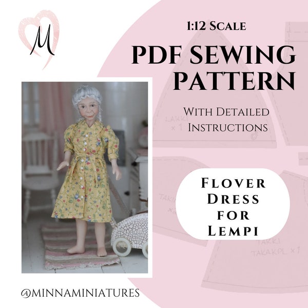 PDF Sewing Pattern for 1:12 Scale Dollhouse Doll - Flower dress for lady doll