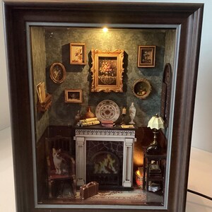 Completed Miniature Fireplace Livingroom Room Diorama Shadowbox OOAK