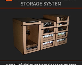 May include: A stack of wooden storage units for miniature figures, paint, dice, and airbrush clips. The units are labeled "5 MINIATURE MAGAZINE STORAGE SYSTEM".