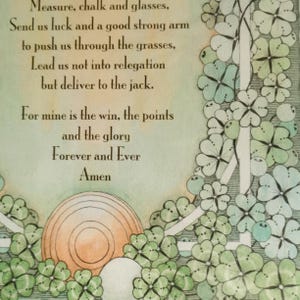 May include: A decorative print with a light green and orange colour scheme. The print features text, shamrocks, and a circular design. The text includes phrases like "Send us luck" and "Forever and Ever Amen."