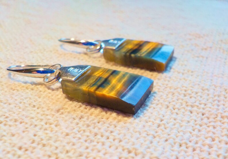 Sterling silver connectors stamped Italy \\ 925. Fabulous Tiger/'s Eye chatoyant blue and gold natural stone dangle earrings