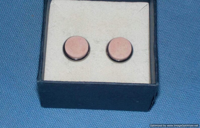 10 mm diameter Rhodium plated. Norwegian Pink Thulite natural stone stud earrings