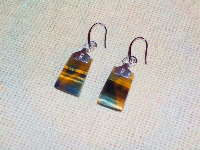 Sterling silver connectors stamped Italy \\ 925. Fabulous Tiger/'s Eye chatoyant blue and gold natural stone dangle earrings