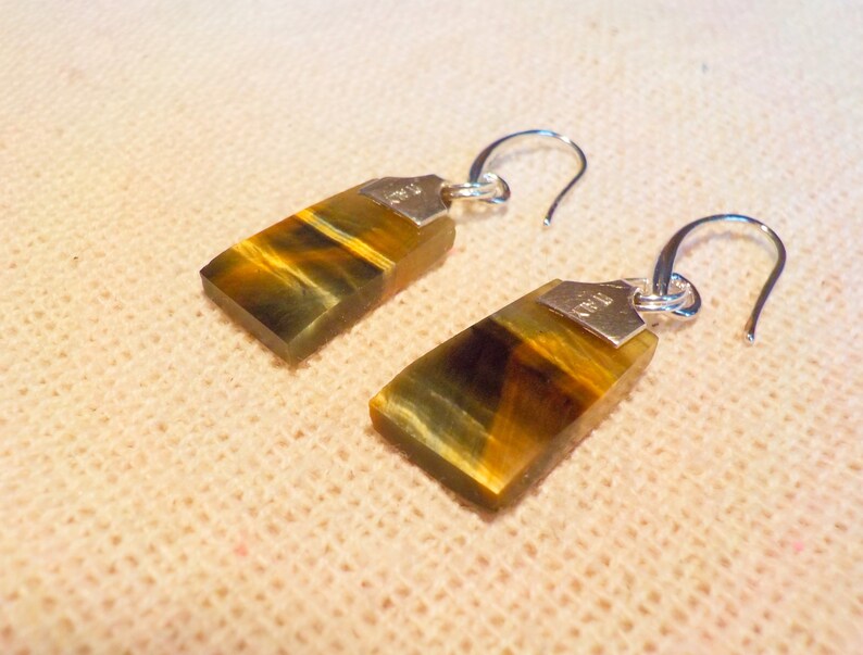 Sterling silver connectors stamped Italy \\ 925. Fabulous Tiger/'s Eye chatoyant blue and gold natural stone dangle earrings