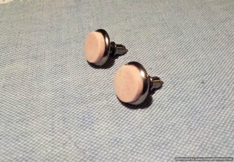 10 mm diameter Rhodium plated. Norwegian Pink Thulite natural stone stud earrings