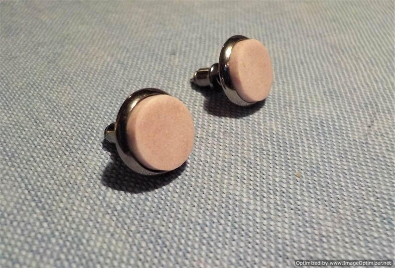 10 mm diameter Rhodium plated. Norwegian Pink Thulite natural stone stud earrings