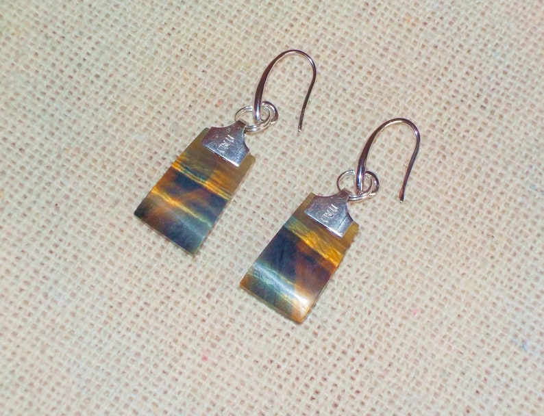 Sterling silver connectors stamped Italy \\ 925. Fabulous Tiger/'s Eye chatoyant blue and gold natural stone dangle earrings