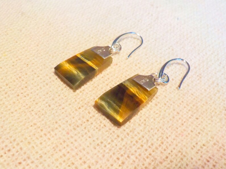 Sterling silver connectors stamped Italy \\ 925. Fabulous Tiger/'s Eye chatoyant blue and gold natural stone dangle earrings