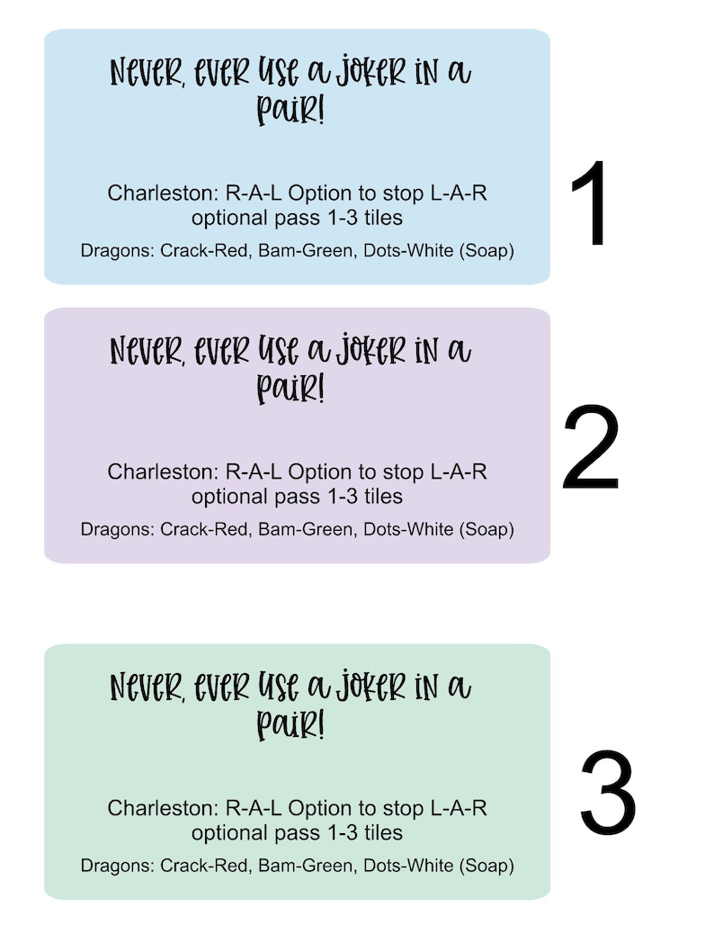 May include: Three light blue, purple, and green cards with the text "Never, ever use a joker in a pair!"  Charleston: R-A-L Option to stop L-A-R optional pass 1-3 tiles Dragons: Crack-Red, Bam-Green, Dots-White (Soap). The cards are numbered 1, 2, and 3.