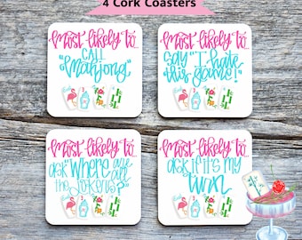 Mahjong Coasters: Mahjong with Mah Girls, Cork Bottom - Set of 4, Mahjong Party Supplies, Mahjong Party, Cork Mahjong Coaster