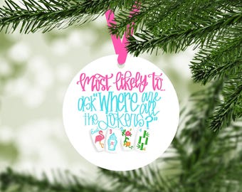 Mahjong Christmas Ornament: Double-Sided Aluminum with Pink Ribbon, Mahjong Friend Gift, Mahjong Ornament 2025