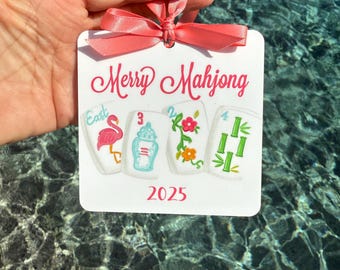 Mahjong Christmas Ornament: Double-Sided Aluminum with Pink Ribbon