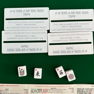 May include: A close-up of a Mahjong set with four tiles on a green felt surface. The tiles are white with black characters and red, green, and white dots. The tiles are labeled "4", "E", "W", and "1". The tiles are arranged in a row. The image also includes a chart with Mahjong hand values and rules.