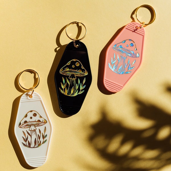 Mushroom motel keychains | holographic gold printed design | key accessories