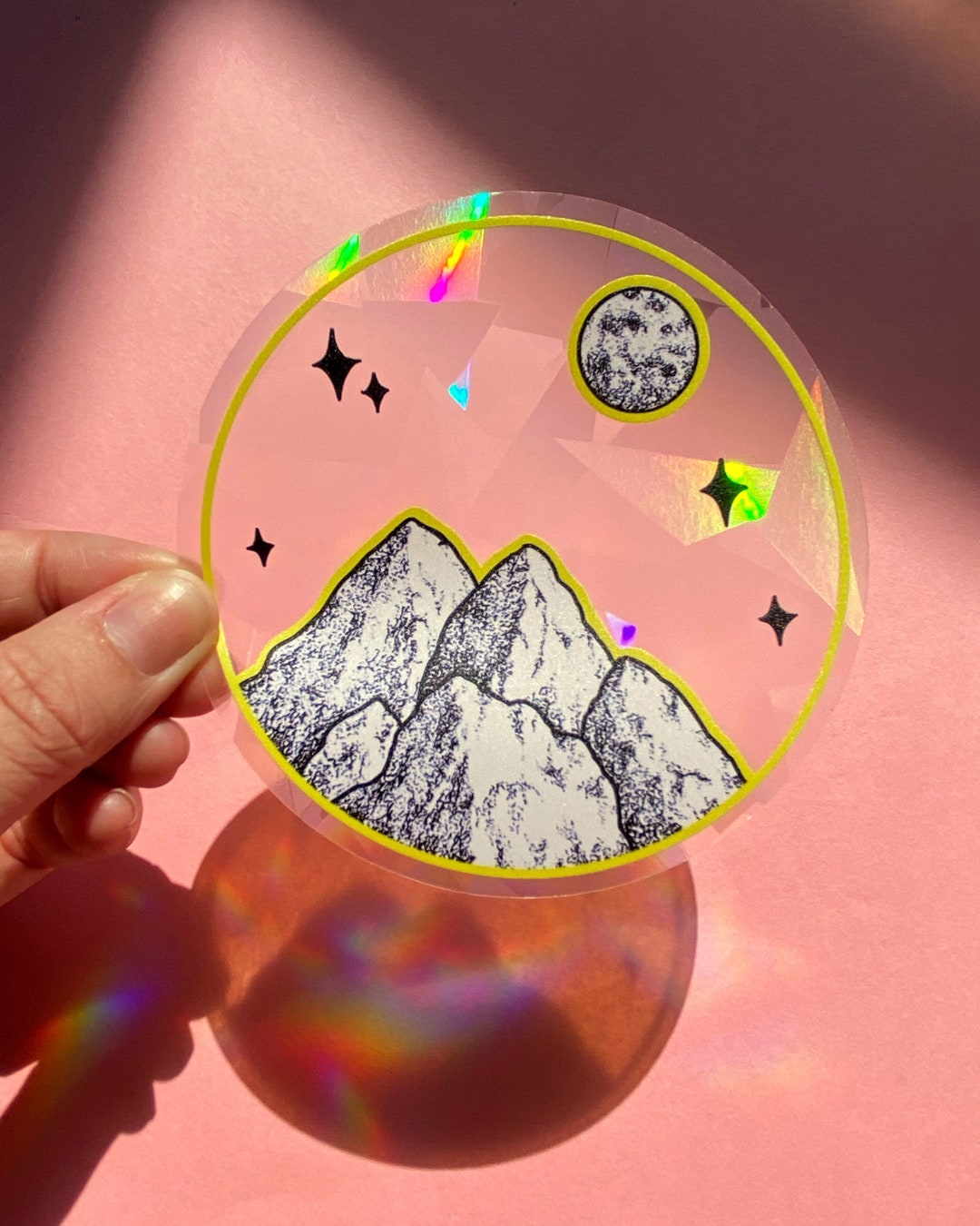 Mountain Moon Rainbow Suncatcher Sticker | Holographic Window Decal - Etsy